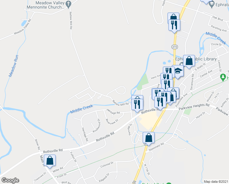 map of restaurants, bars, coffee shops, grocery stores, and more near 36 Hilldale Drive in Ephrata