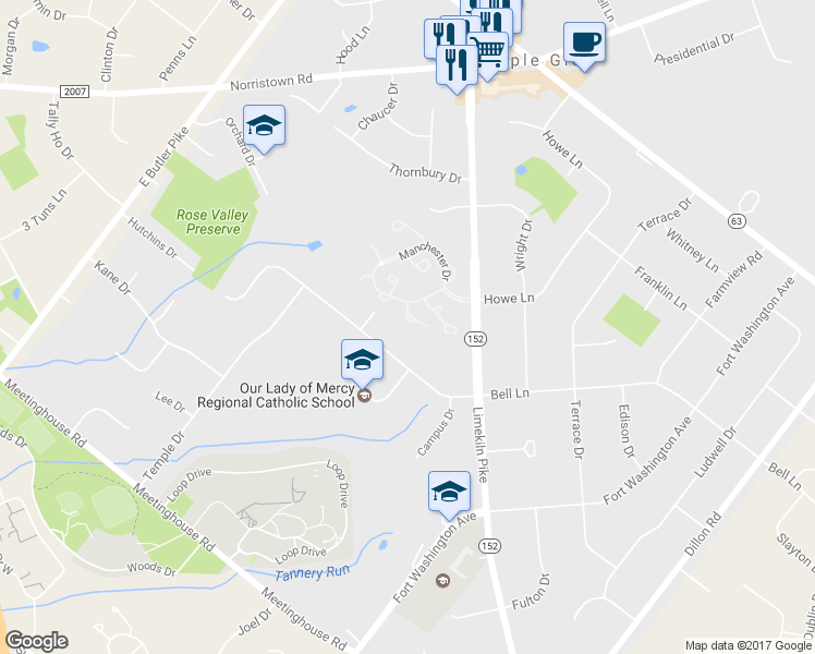 map of restaurants, bars, coffee shops, grocery stores, and more near 107 Brumley Court in Maple Glen