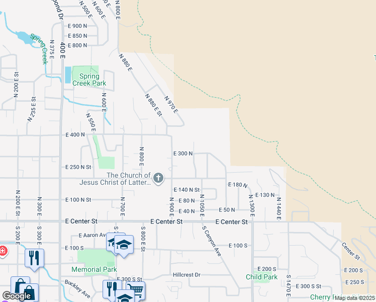 map of restaurants, bars, coffee shops, grocery stores, and more near 313 North 1040 East Street in Springville