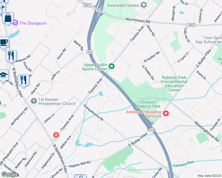 map of restaurants, bars, coffee shops, grocery stores, and more near 2476 Navajo Path in Ambler