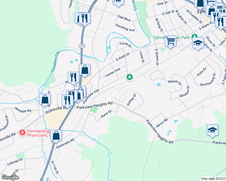 map of restaurants, bars, coffee shops, grocery stores, and more near 713 Primrose Lane in Ephrata