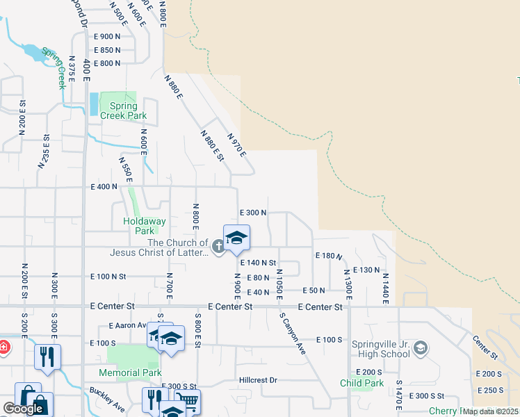 map of restaurants, bars, coffee shops, grocery stores, and more near 313 North 1040 East Street in Springville