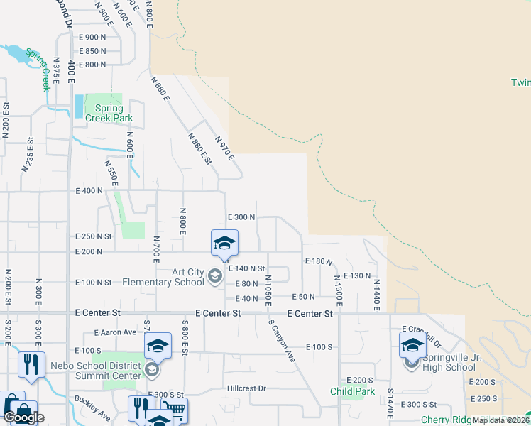 map of restaurants, bars, coffee shops, grocery stores, and more near 1075 East 300 North in Springville