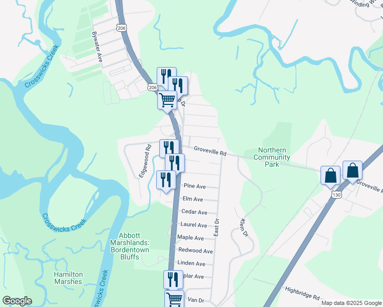 map of restaurants, bars, coffee shops, grocery stores, and more near 3 Groveville Road in Trenton