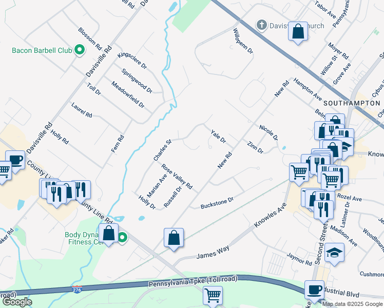map of restaurants, bars, coffee shops, grocery stores, and more near 436 Dogwood Drive in Southampton