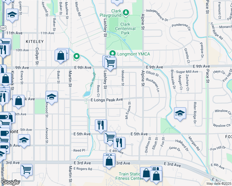 map of restaurants, bars, coffee shops, grocery stores, and more near 225 East 8th Avenue in Longmont