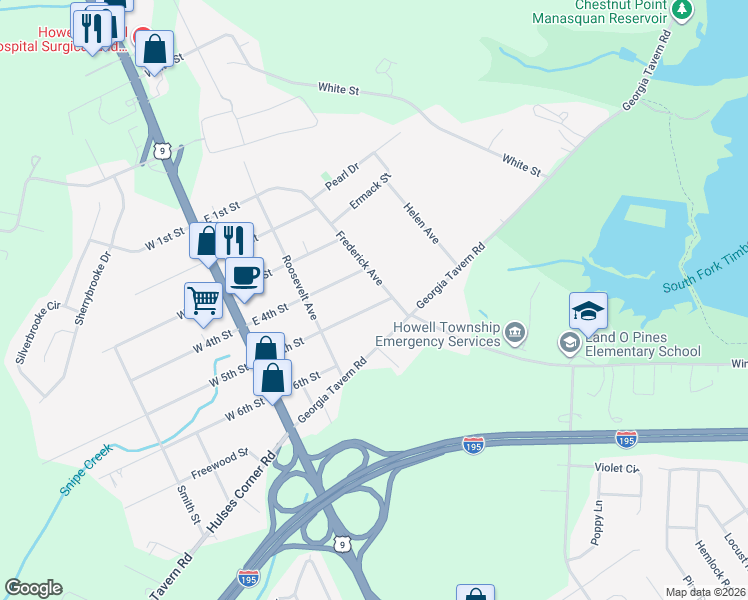 map of restaurants, bars, coffee shops, grocery stores, and more near 61 East 5th Street in Howell Township