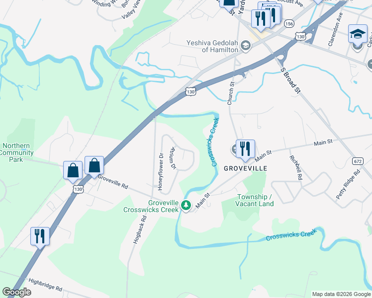 map of restaurants, bars, coffee shops, grocery stores, and more near 65 Honeyflower Drive in Trenton
