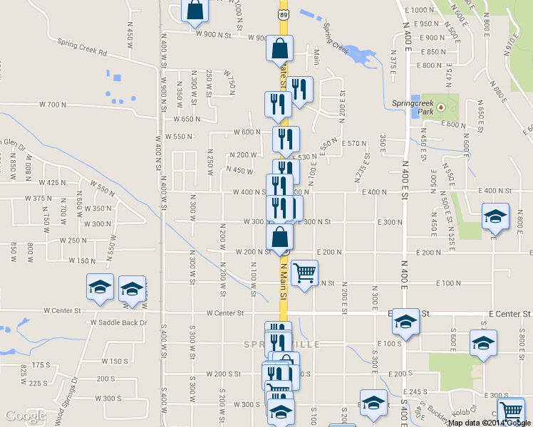 map of restaurants, bars, coffee shops, grocery stores, and more near 58 West 300 North in Springville
