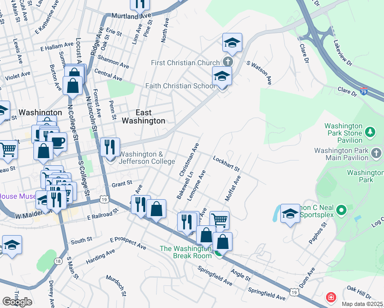 map of restaurants, bars, coffee shops, grocery stores, and more near 93 Christman Avenue in Washington
