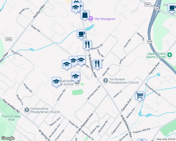 map of restaurants, bars, coffee shops, grocery stores, and more near 501 North Bethlehem Pike in Ambler