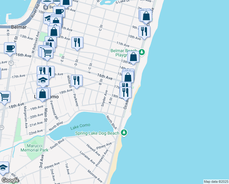 map of restaurants, bars, coffee shops, grocery stores, and more near 1708 A Street in Belmar