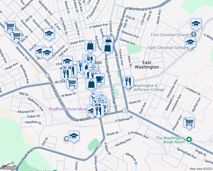 map of restaurants, bars, coffee shops, grocery stores, and more near 69 East Beau Street in Washington