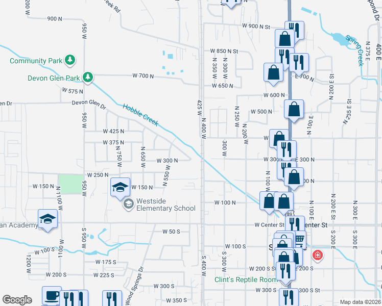map of restaurants, bars, coffee shops, grocery stores, and more near 474 West 550 North in Springville