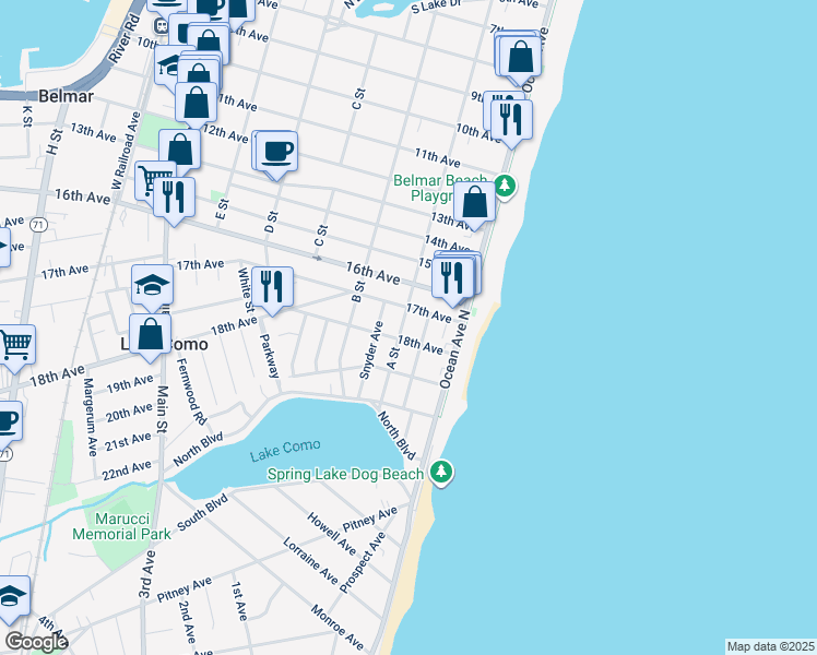 map of restaurants, bars, coffee shops, grocery stores, and more near 115 17th Avenue in Belmar