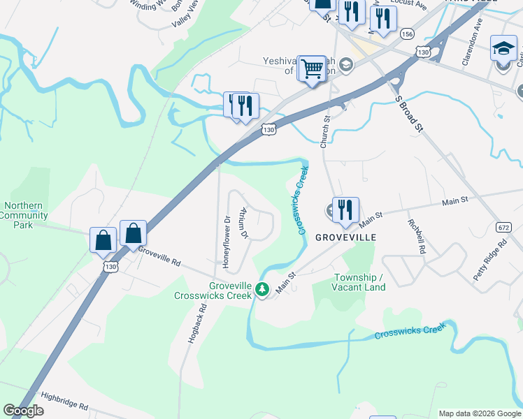 map of restaurants, bars, coffee shops, grocery stores, and more near 65 Honeyflower Drive in Trenton