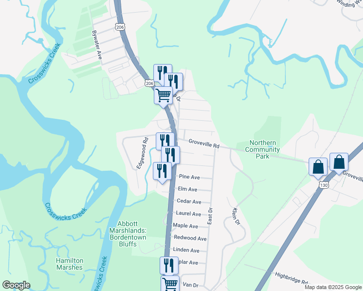 map of restaurants, bars, coffee shops, grocery stores, and more near 3 Groveville Road in Trenton
