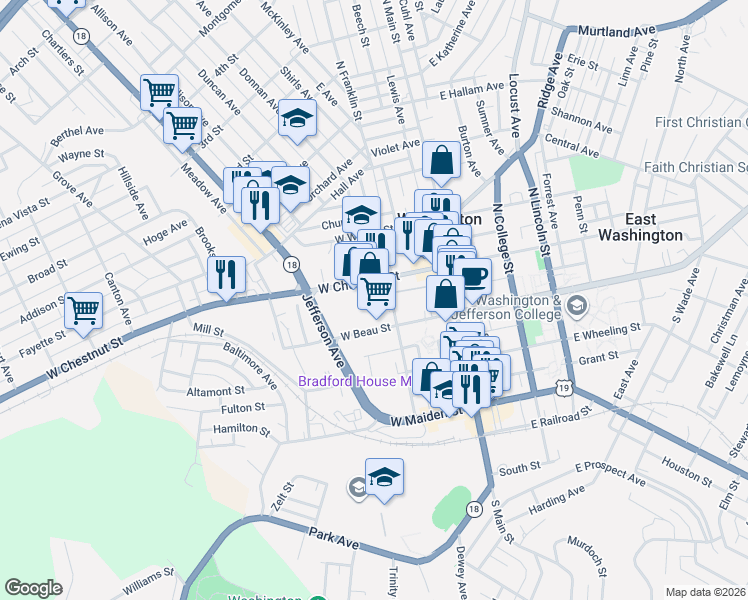 map of restaurants, bars, coffee shops, grocery stores, and more near 102 West Chestnut Street in Washington