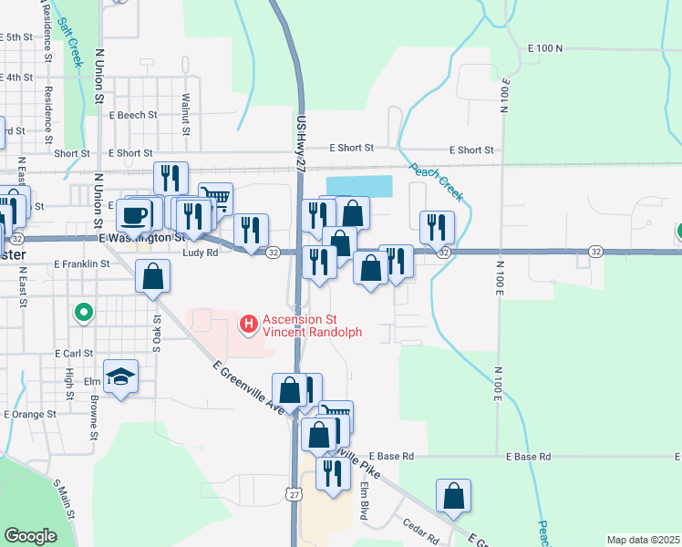 map of restaurants, bars, coffee shops, grocery stores, and more near 918 East Washington Street in Winchester
