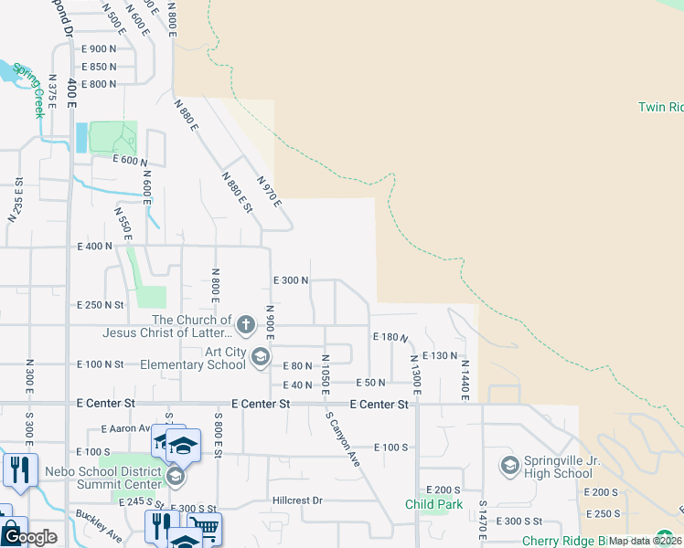 map of restaurants, bars, coffee shops, grocery stores, and more near 1111 East 300 North in Springville