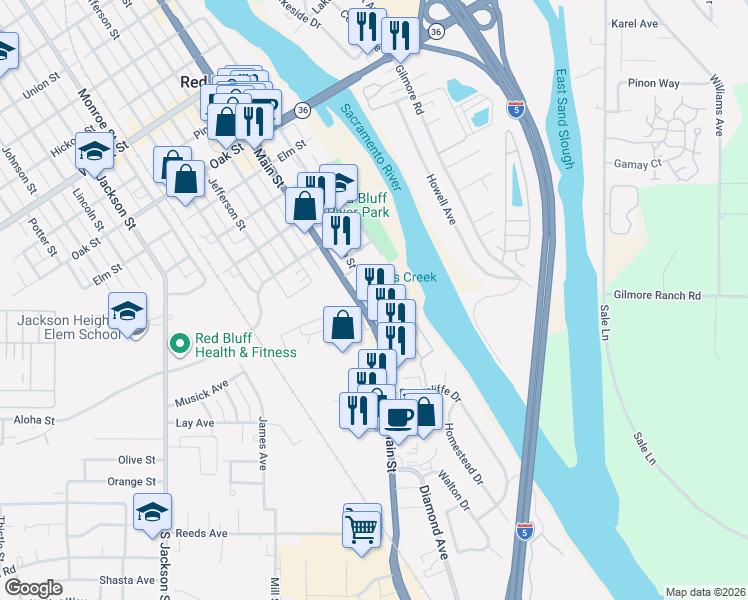 map of restaurants, bars, coffee shops, grocery stores, and more near 180 Peterson Parkway in Red Bluff