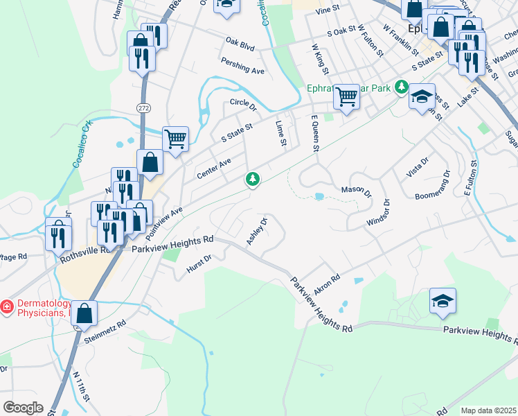 map of restaurants, bars, coffee shops, grocery stores, and more near 277 Heatherwood Drive in Ephrata