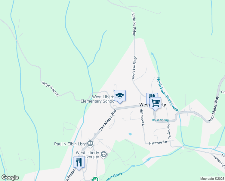 map of restaurants, bars, coffee shops, grocery stores, and more near 4307 Girtys Point Road in West Liberty