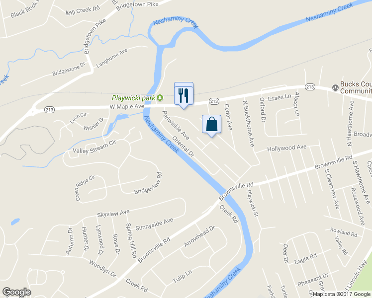 map of restaurants, bars, coffee shops, grocery stores, and more near Bridle Drive in Bucks County