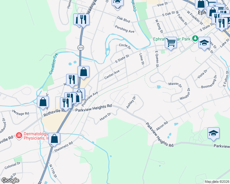 map of restaurants, bars, coffee shops, grocery stores, and more near 706 Primrose Lane in Ephrata