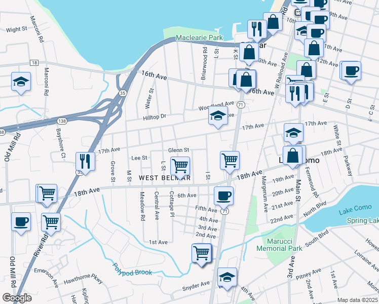 map of restaurants, bars, coffee shops, grocery stores, and more near 1016 Glenn Street in Wall Township