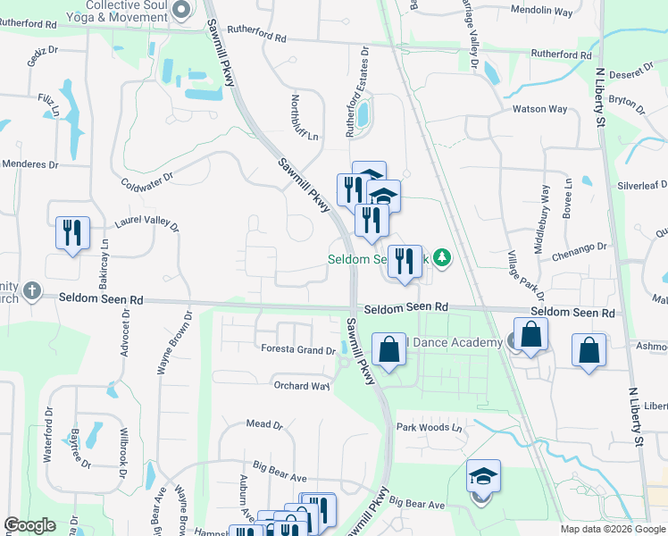 map of restaurants, bars, coffee shops, grocery stores, and more near 3621 Stoneway Point in Powell