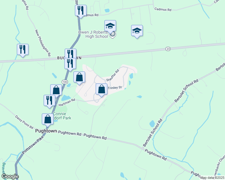 map of restaurants, bars, coffee shops, grocery stores, and more near 114 Trinley Street in Pottstown