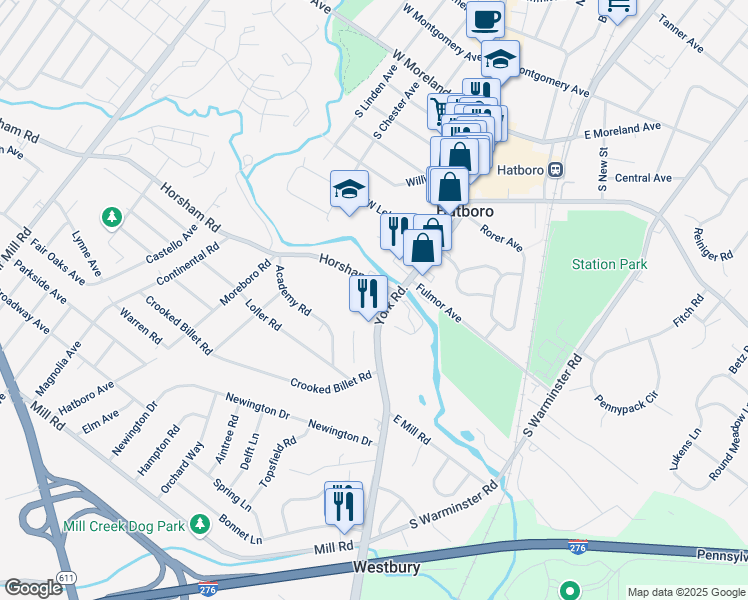 map of restaurants, bars, coffee shops, grocery stores, and more near 412 South York Road in Hatboro