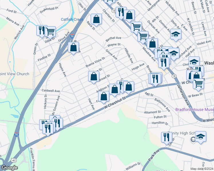 map of restaurants, bars, coffee shops, grocery stores, and more near 725 Addison Street in Washington