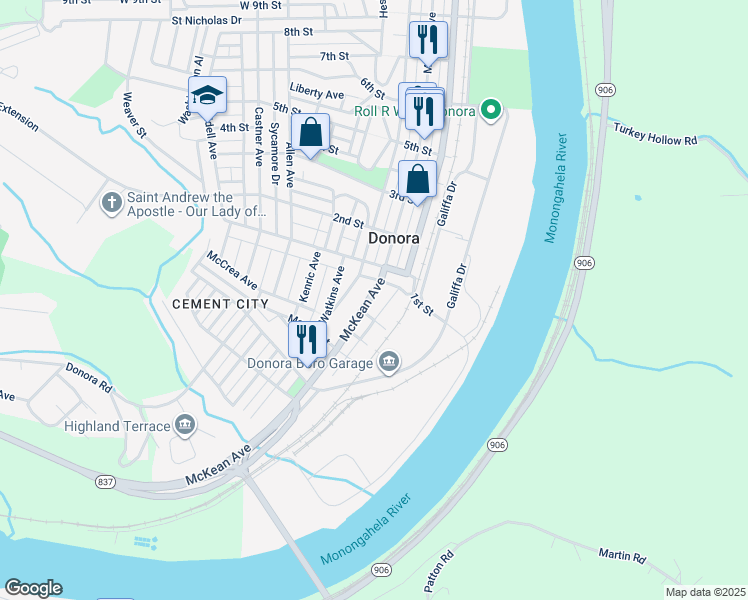 map of restaurants, bars, coffee shops, grocery stores, and more near 68 South McKean Avenue in Donora