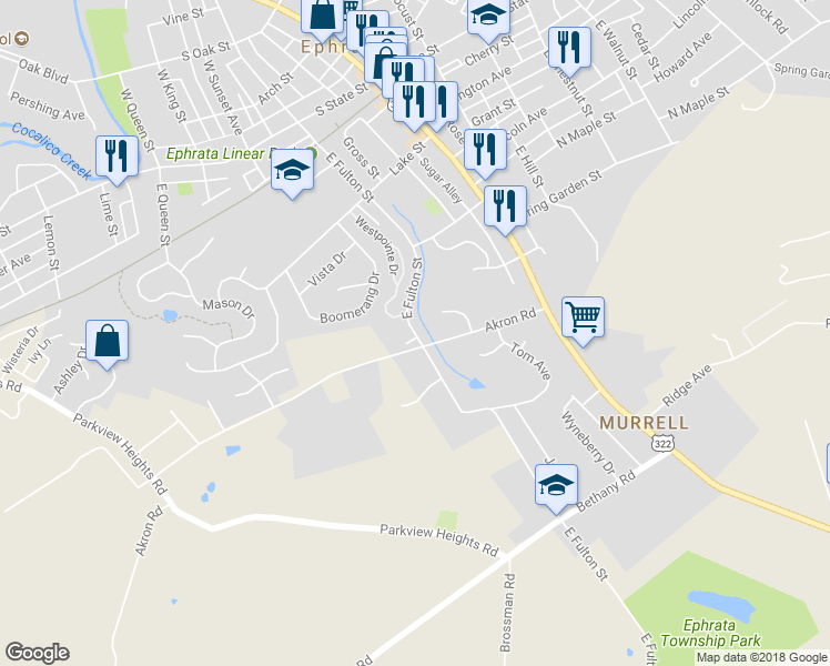 map of restaurants, bars, coffee shops, grocery stores, and more near 188 East Fulton Street in Ephrata