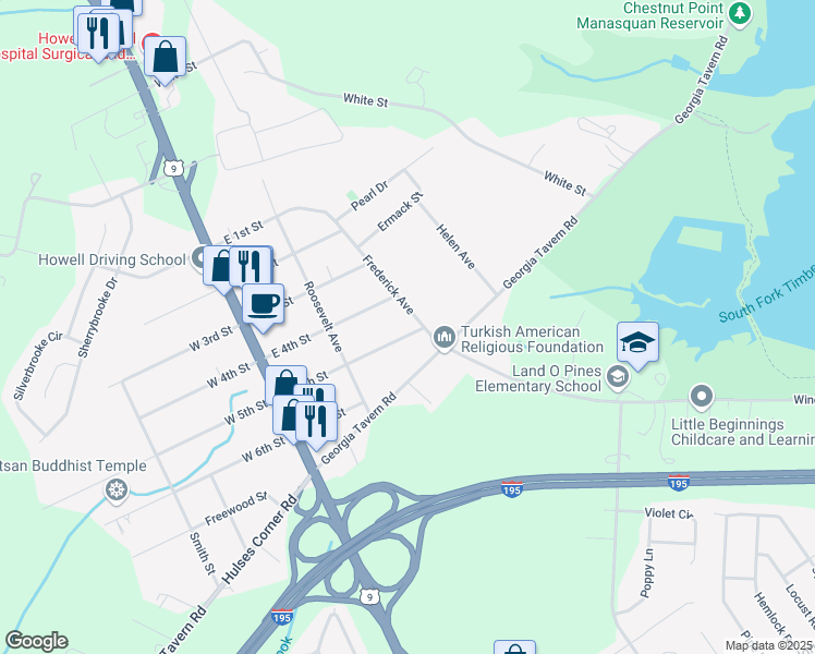 map of restaurants, bars, coffee shops, grocery stores, and more near 63 East 5th Street in Howell