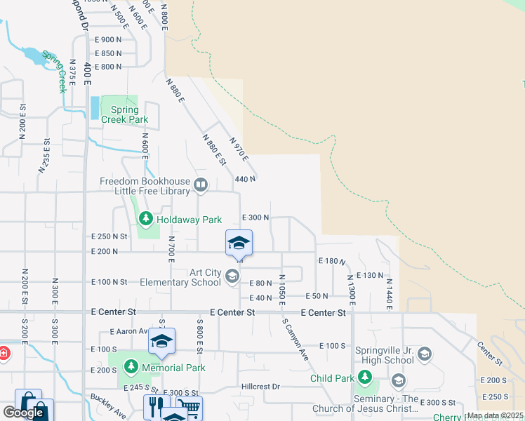 map of restaurants, bars, coffee shops, grocery stores, and more near 325 North 1040 East Street in Springville