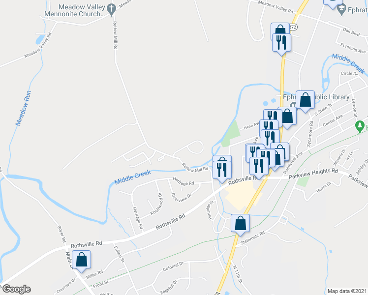 map of restaurants, bars, coffee shops, grocery stores, and more near 32 Hilldale Drive in Ephrata