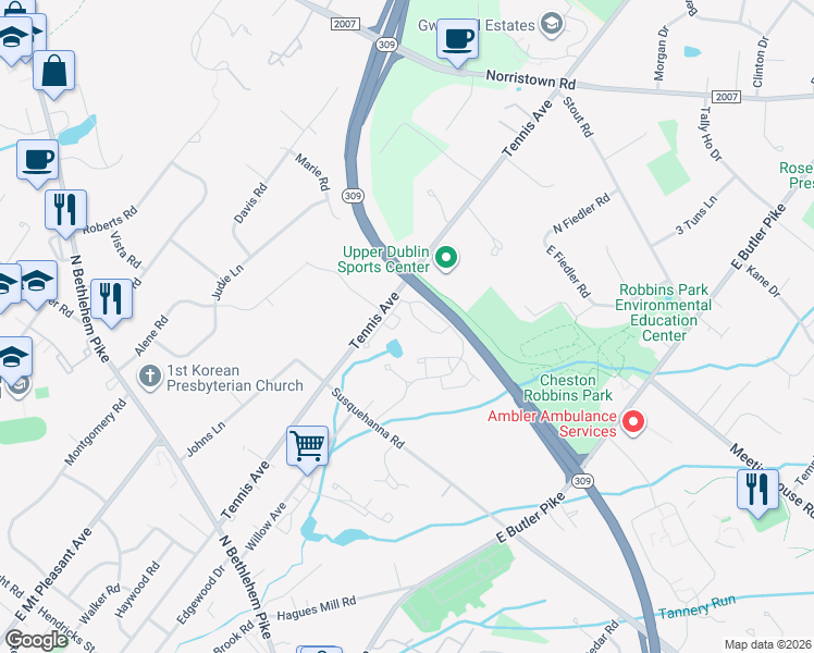 map of restaurants, bars, coffee shops, grocery stores, and more near 3004 Shawnee Green in Ambler