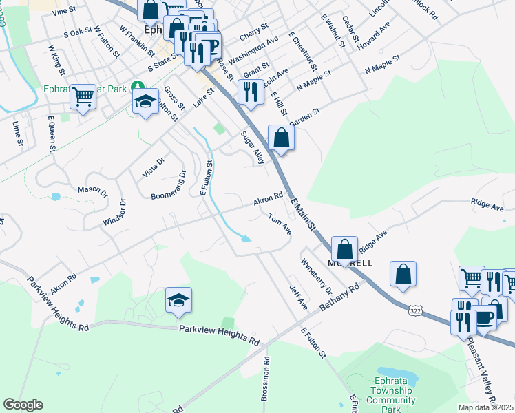 map of restaurants, bars, coffee shops, grocery stores, and more near 32 Akron Rd in Ephrata