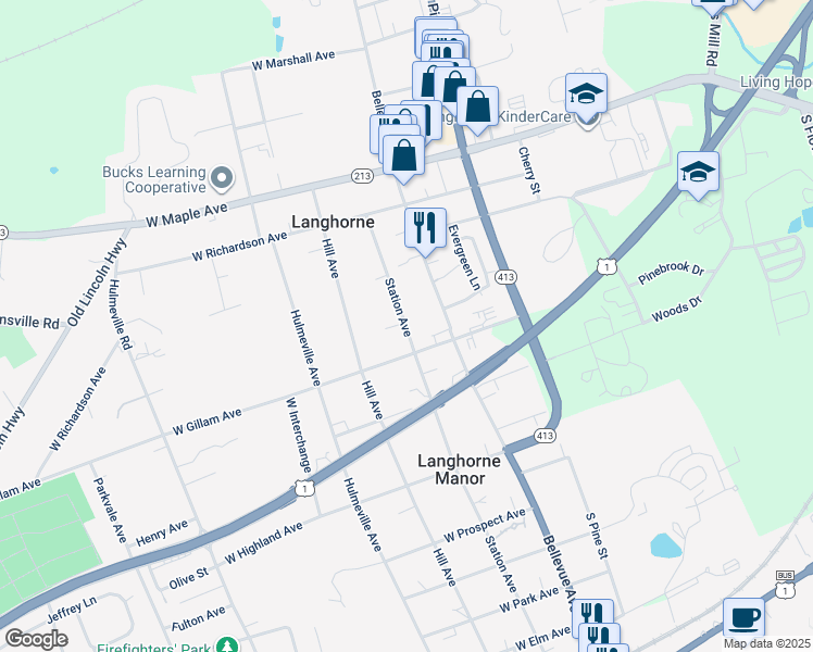 map of restaurants, bars, coffee shops, grocery stores, and more near 359 Station Avenue in Langhorne