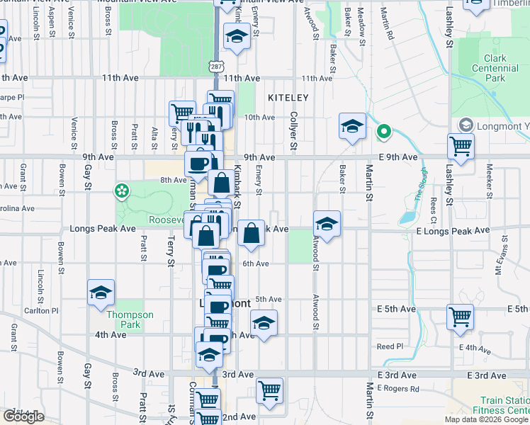 map of restaurants, bars, coffee shops, grocery stores, and more near 712 Darby Court in Longmont