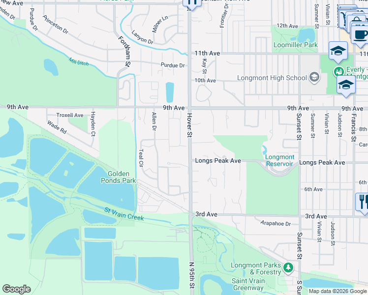 map of restaurants, bars, coffee shops, grocery stores, and more near 718 Widgeon Circle in Longmont