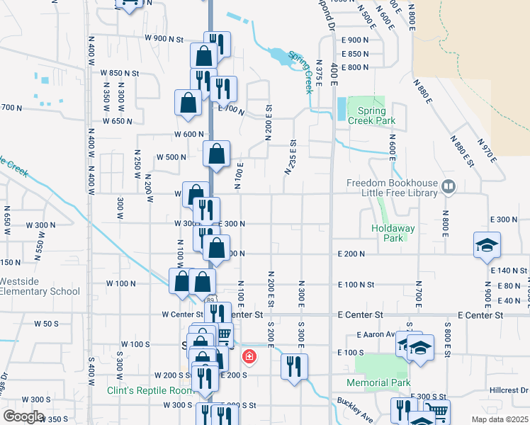 map of restaurants, bars, coffee shops, grocery stores, and more near 355 North 200 East Street in Springville