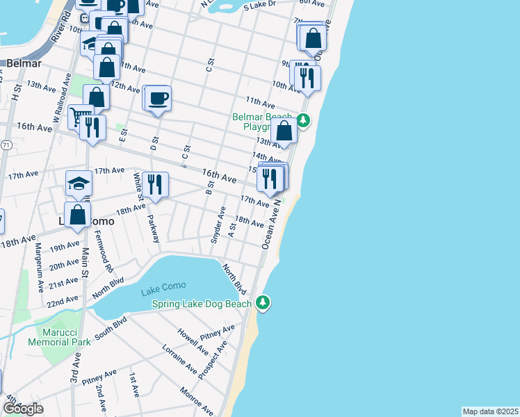 map of restaurants, bars, coffee shops, grocery stores, and more near 1607 Ocean Avenue in Belmar
