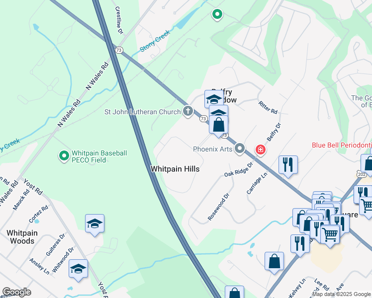 map of restaurants, bars, coffee shops, grocery stores, and more near 308 Whitpain Hills in Blue Bell