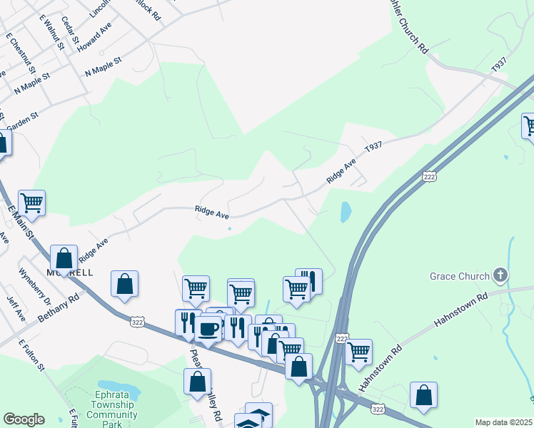 map of restaurants, bars, coffee shops, grocery stores, and more near 239 Ridge Avenue in Ephrata
