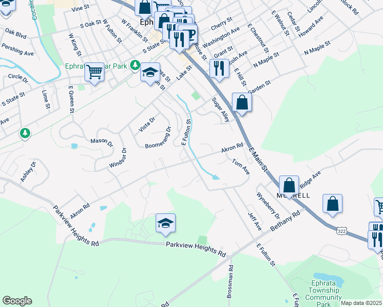 map of restaurants, bars, coffee shops, grocery stores, and more near 188 East Fulton Street in Ephrata