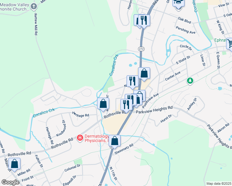 map of restaurants, bars, coffee shops, grocery stores, and more near 144 Niss Avenue in Ephrata